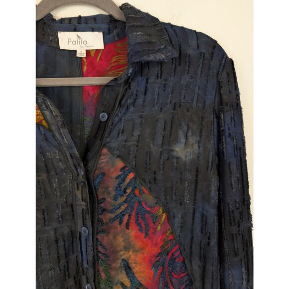 Palila Cardigan Embroidered Batik Tie Dye Velvet Boho Art to Wear Blue Size S - Picture 3 of 11